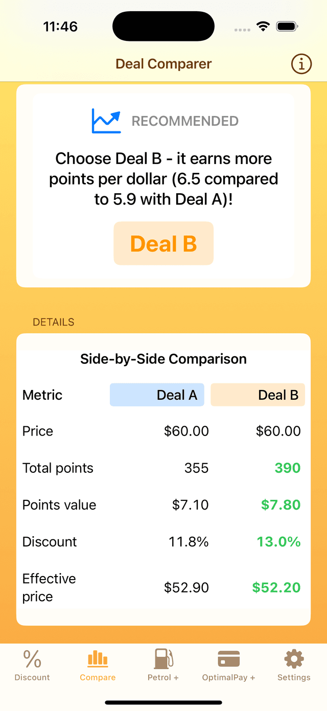 Deal Comparer Output Screen